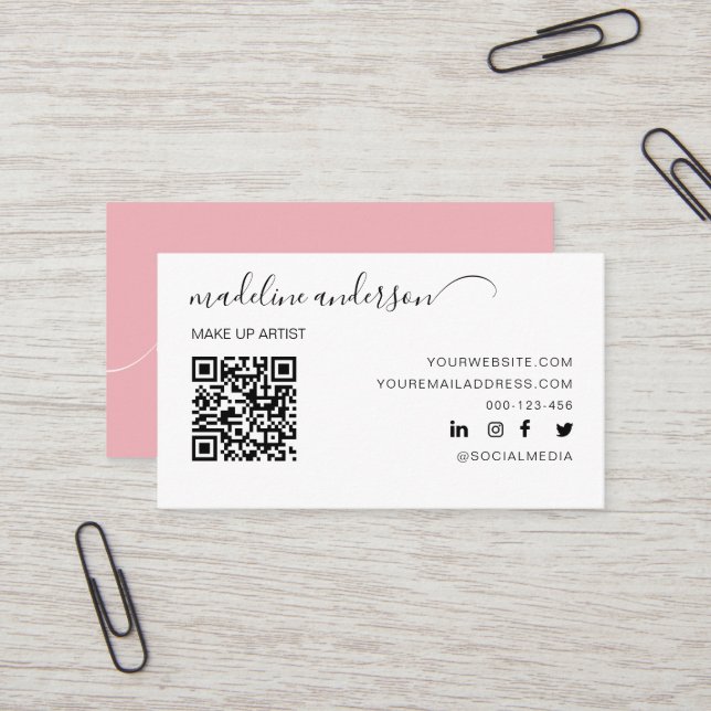 Rose Dusty avec QR Code Carte de visite profession (Devant/Arrière en situation)