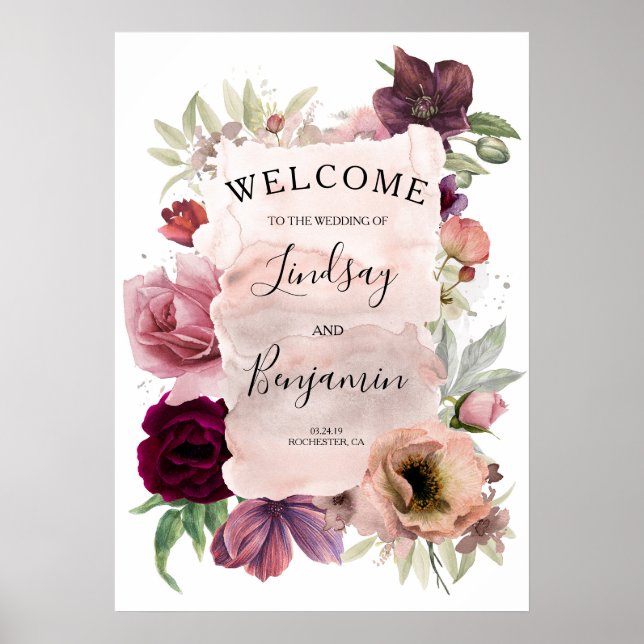 Rose Dusty & Bourgogne Floral Mariage Affiche de b (Devant)