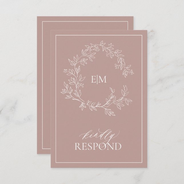 Rose Dusty Crest Monogramme Mariage Carte RSVP (Devant / Derrière)
