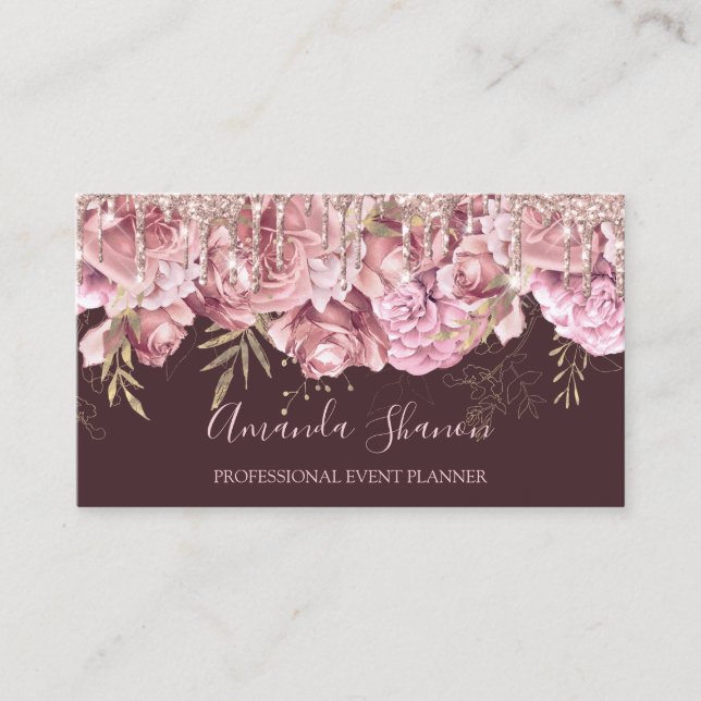 Rose Elegant Flower Logo Event Planner QRCODE   Business Card (Front)