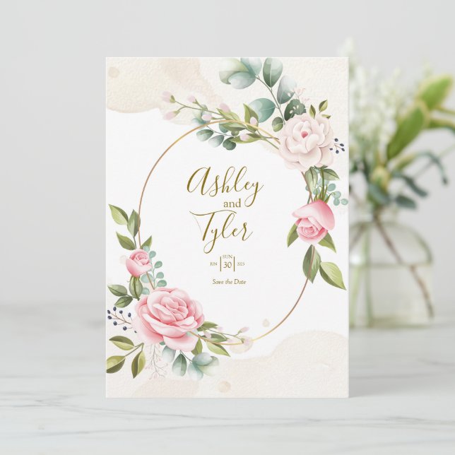 Rose Elegant Romantic Floral Wedding  Invitation (Standing Front)