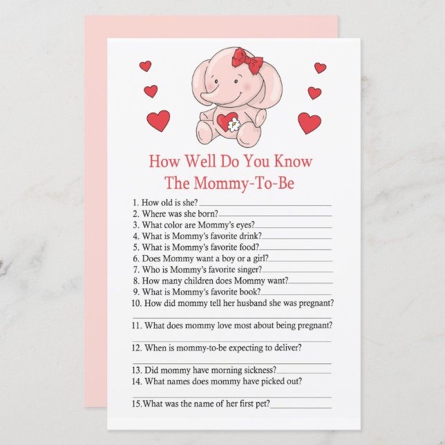 Rose elephant How well do you know baby showergame (Front/Back)