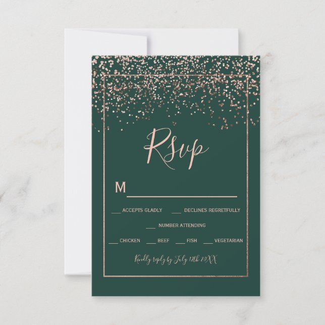 Rose en or confetti vert typographie rsvp (Devant)