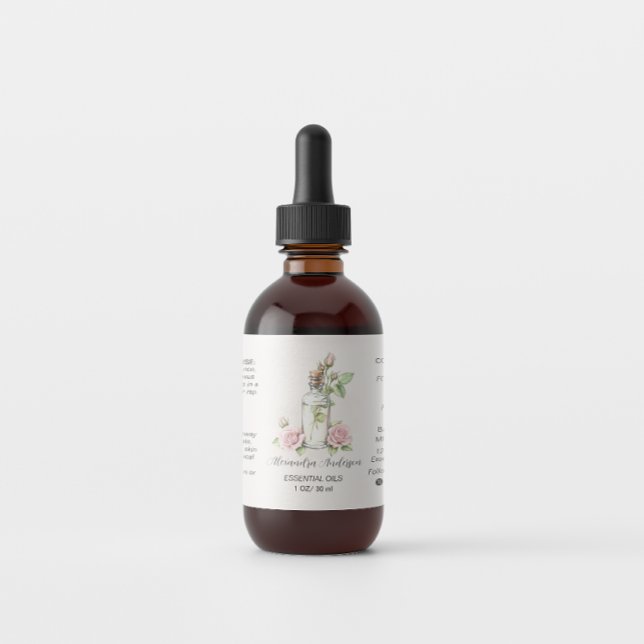 Rose Essential Oils Bottle Watercolor Floral  Label (Rose Essential Oils Bottle Watercolor Floral Label)