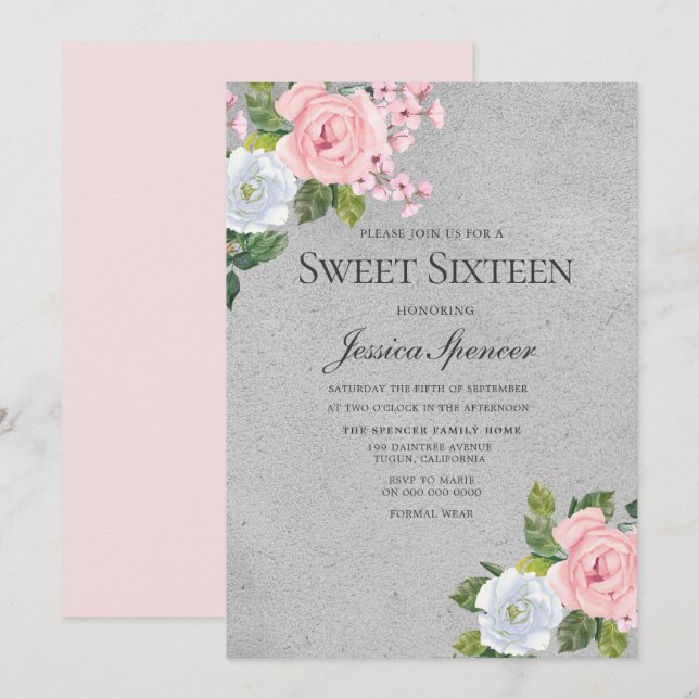 Rose et argent mignonne Rose doux 16 Invitation (Devant / Derrière)