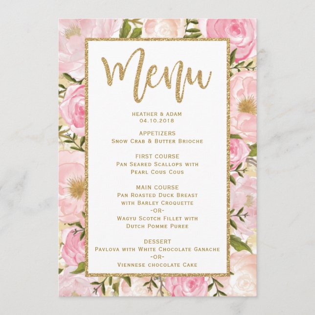 Rose et carte florale de modèle de menu de mariage (Devant)
