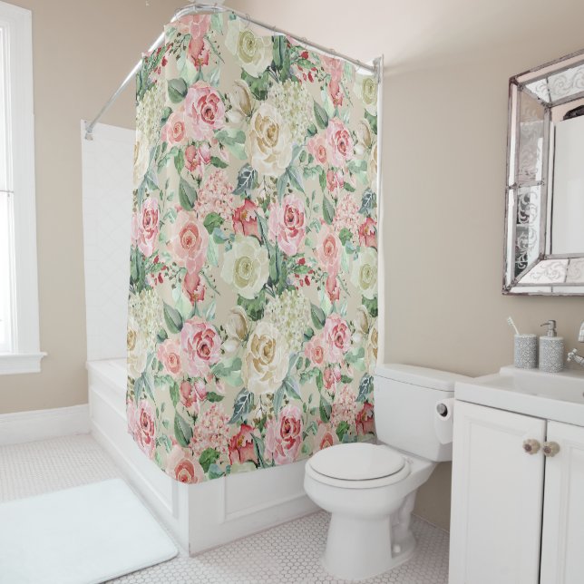 Rose et crème Floral Aquarelle Douche rideau (En situation)