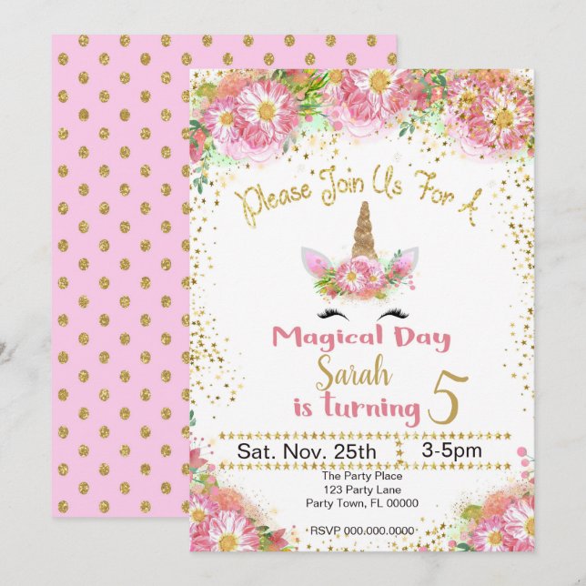 Rose et invitation d'anniversaire de licorne de (Devant / Derrière)