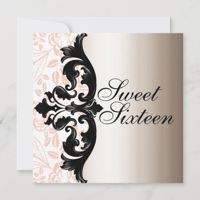 Rose et noir Elegant Damask Invitation Anniversair (Devant)