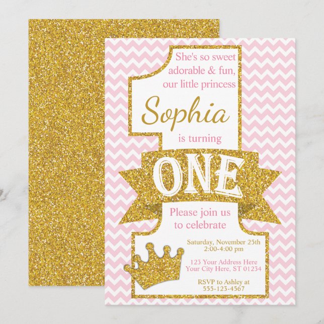 Rose et or de princesse First Birthday Invitation (Devant / Derrière)