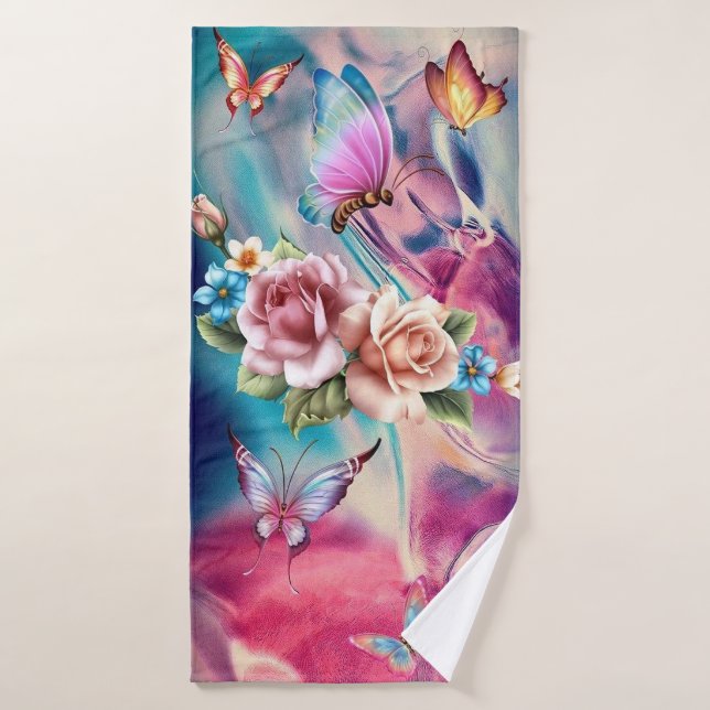 Rose et papillons (Serviette de bain)