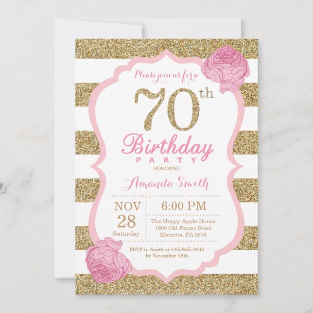 Rose et soixante-dixième invitation d'anniversaire (Devant)
