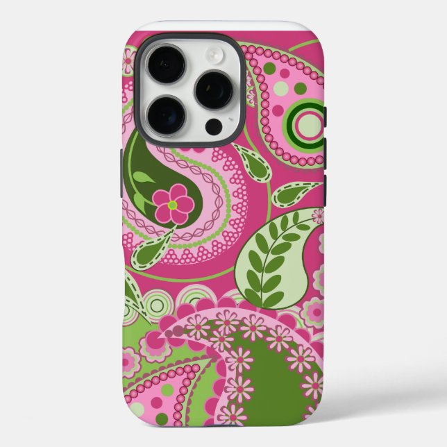 Rose et vert Paisley iPhone 16 coque (Verso)