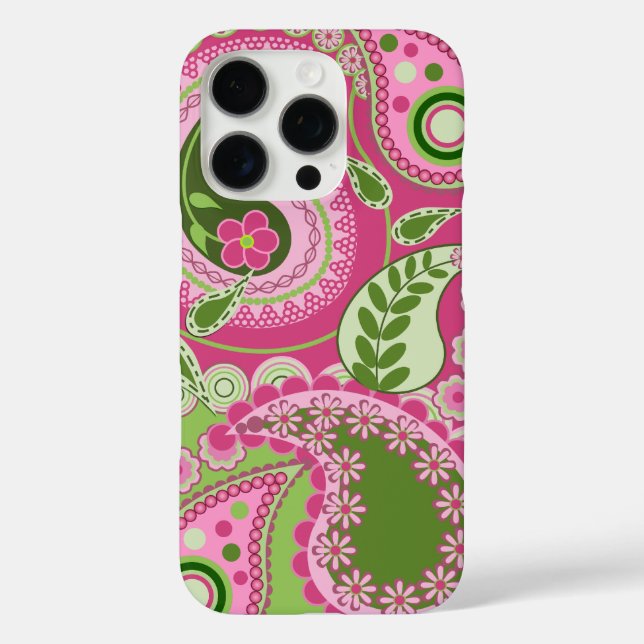 Rose et vert Paisley iPhone 16 coque (Verso)