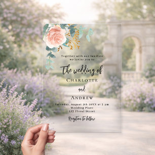 Rose eucalyptus blush wedding clear acrylic invitations
