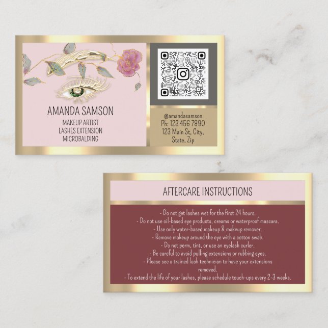 Rose Eyelash Microblade Qr Aftercare Instructions Business Card (Front/Back)
