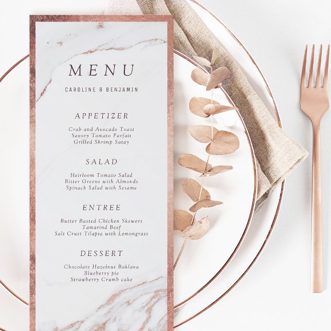 Rose feuille d'or marbre luxe moderne mariage menu (Rose gold foil marble luxury modern wedding menu)