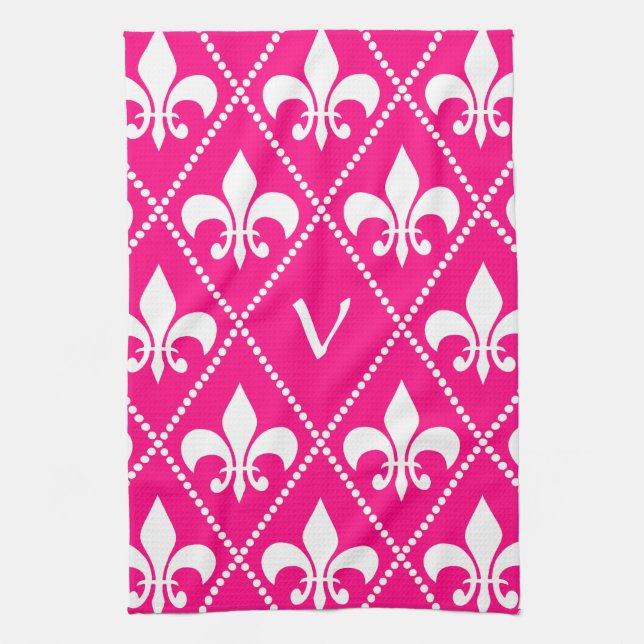 Rose Fleur de Lis with monogram initial Kitchen Towel (Vertical)