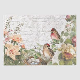 Rose Flora Bird Nest Pink French Script Decoupage  Tissue Paper
