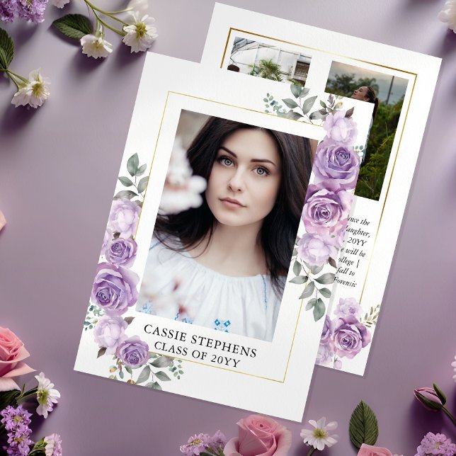 Rose Floral 4 Photo Collage Gold Frame Graduation Announcement (Elegant Lavender Rose Floral 4 Photo Collage Faux Gold Frame Graduation Announcement)