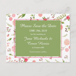 Rose Floral and Green Wedding Save the Date Announcement Postcard