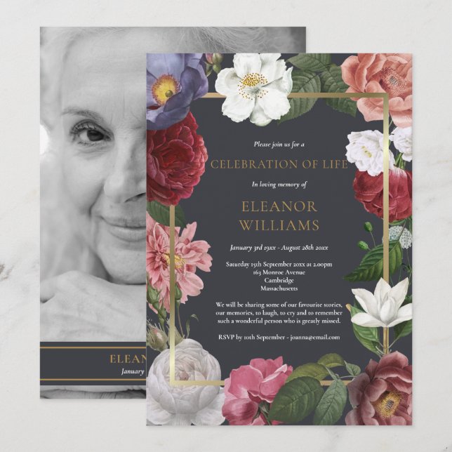 Rose Floral Black And White Photo Funeral Invitation (Front/Back)