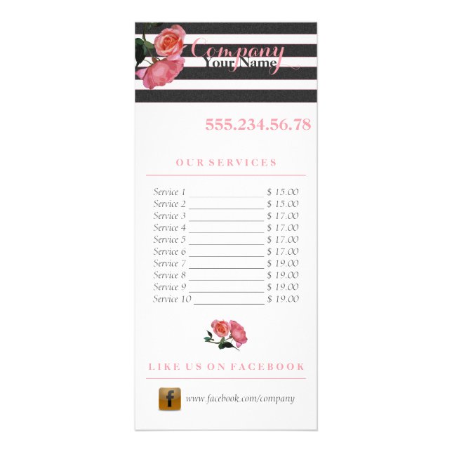 Rose Floral Black & White Stripes - RackCard Flyer Rack Card (Front)