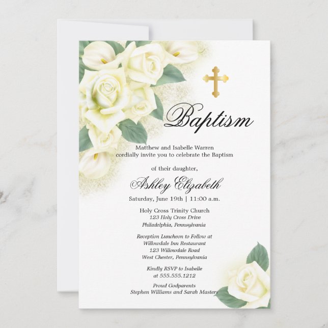 Rose Floral Bouquet Baptême Fête Invitation (Devant)