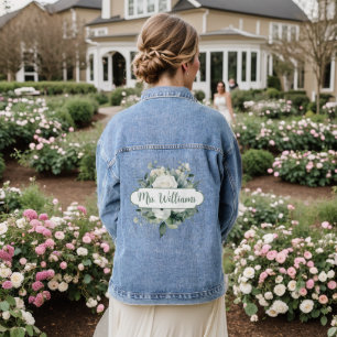 Rose Floral Bouquet Mrs. Monogram Name Calligraphy Denim Jacket