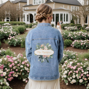 Rose Floral Bouquet Mrs. Monogram Name Calligraphy Denim Jacket