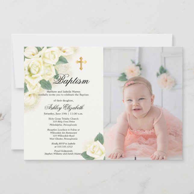 Rose Floral Bouquet Photo Baptism Celebration Invitation (Front)