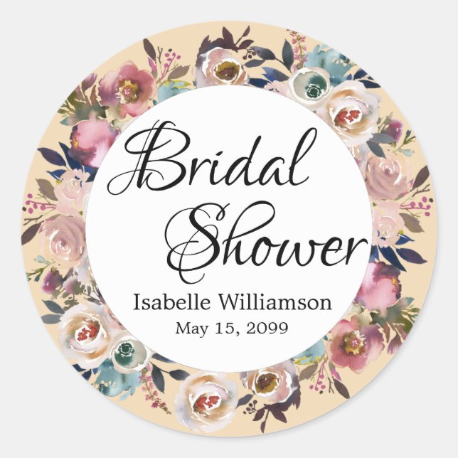 Rose Floral Bridal Shower Classic Round Sticker (Front)