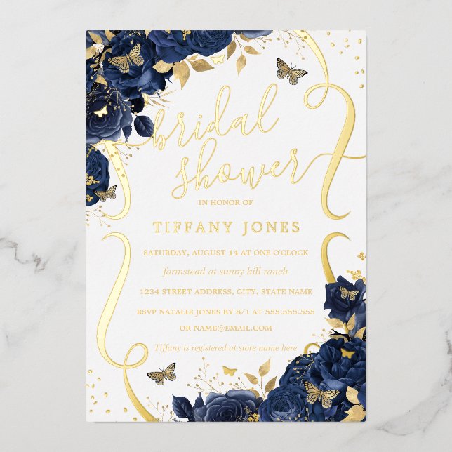 Rose Floral Butterfly Navy Gold Bridal Shower  (Front)