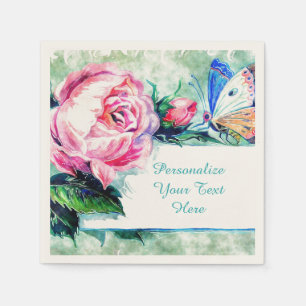 Rose Floral & Butterfly Watercolor Personalize Napkin