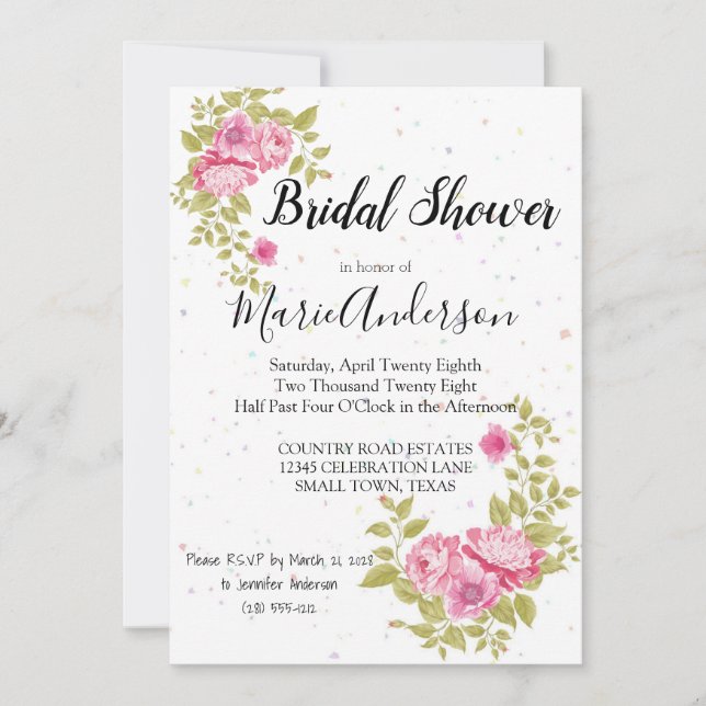 Rose Floral Confetti Douche Invitation (Devant)