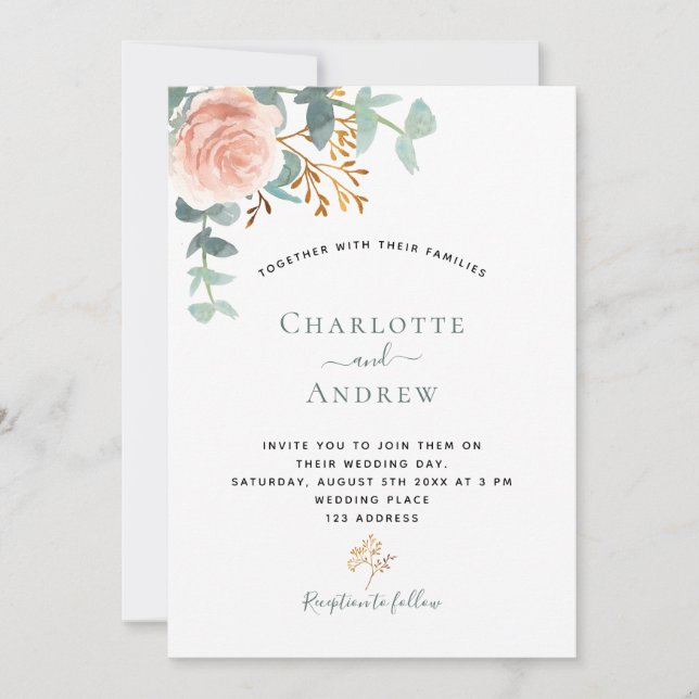 Rose floral eucalyptus greenery pink wedding invitation (Front)