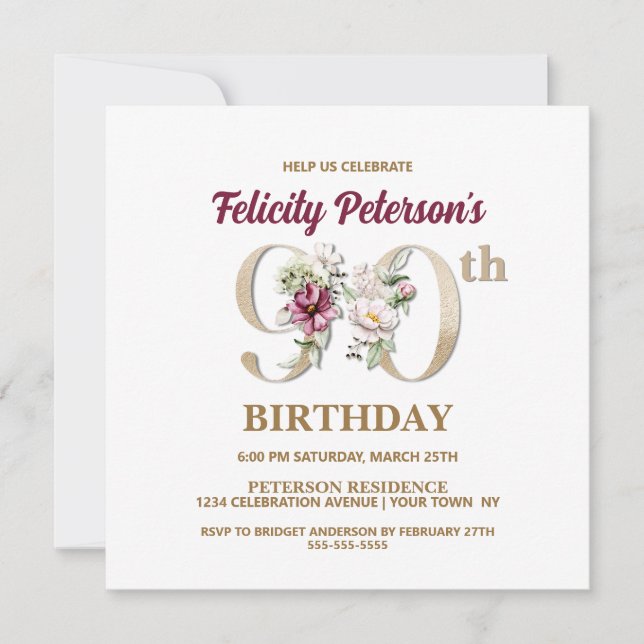 Rose Floral F 90th Birthday Party Invitation (Front)