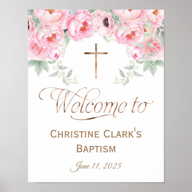 Rose, Floral, Fille, Affiche de bienvenue Baptême, (Devant)
