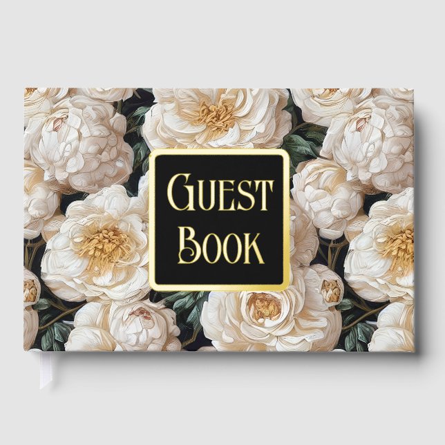 Rose floral flower pattern gold ivory real foil guest book (Front)