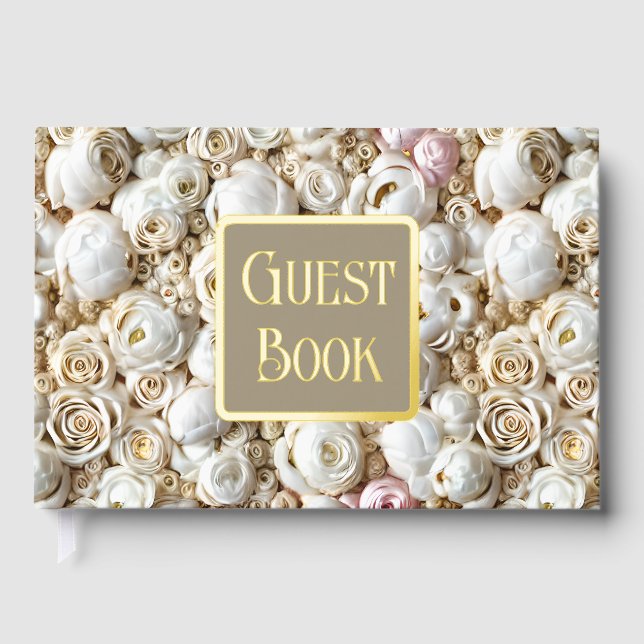 Rose floral flower pattern gold pink foil guest book (Front)
