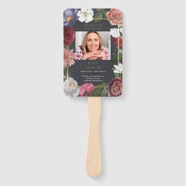 Rose Floral Funeral Photo Order Of Service Program Hand Fan (Front)