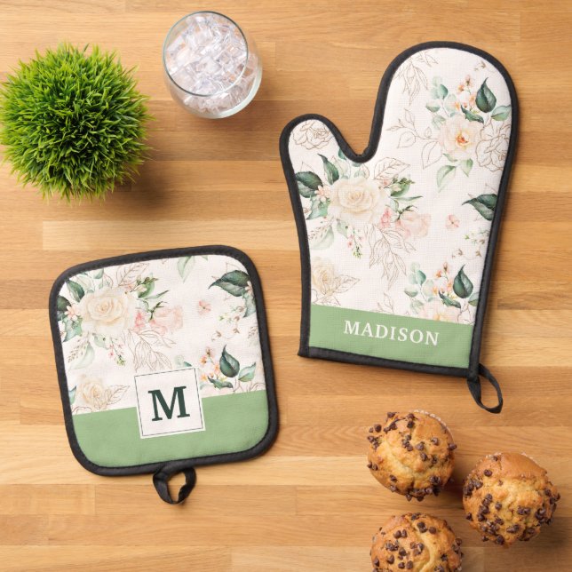 Rose Floral Garden Pattern Oven Mitt & Pot Holder Set (Top Down)