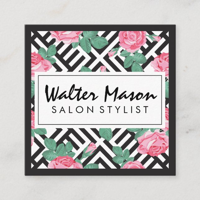 Rose Floral Geometric Pattern Square Business Card (Front)