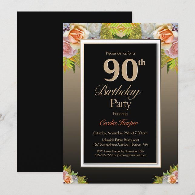 Rose Floral Gold Border Black 90th Birthday Party Invitation (Front/Back)