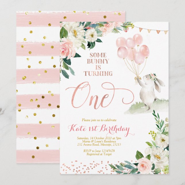 Rose Floral Gold Bunny Invitation Anniversaire (Devant / Derrière)