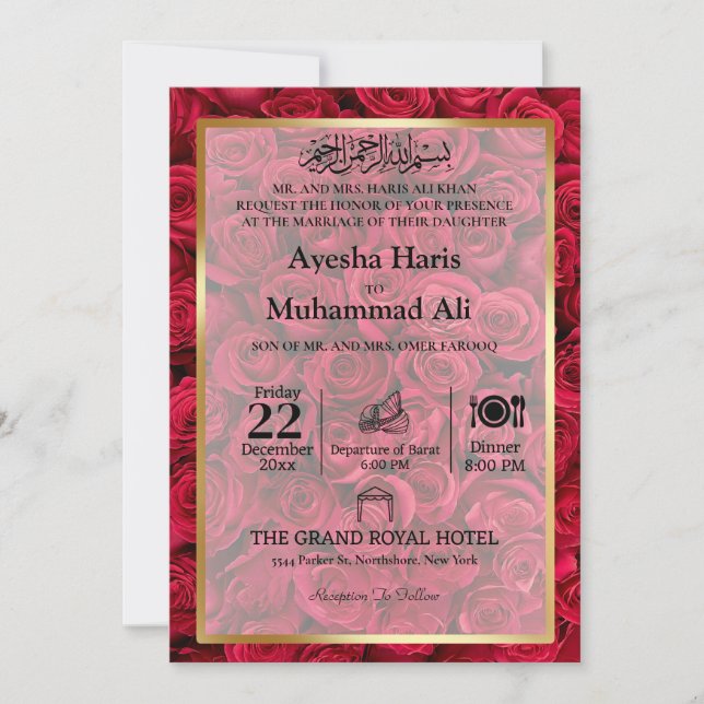 Rose Floral Gold Frame Islamic Muslim Wedding  Invitation (Front)
