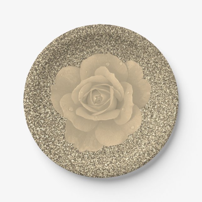 Rose Floral Gold Glitter Bridal Shower Wedding Paper Plate (Front)