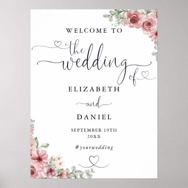 Rose Floral Heart Script Mariage Affiche de bienve (Devant)