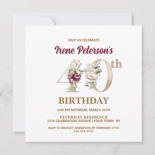 Rose Floral I 40e Anniversaire Fête Invitation (Devant)