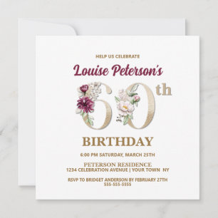Rose Floral L 60e Anniversaire Fête Invitation